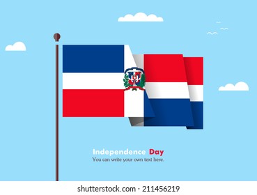Banner fluttering in the wind on a background of clouds. Flat design. Standard on the flagpole. Blue sky. Independence Day. Stock vector. Icon. Image. Illustration Picture.  Flag of Dominican Republic