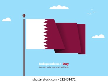 Banner fluttering in the wind on a background of clouds. Flat design. Standard on the flagpole. Blue sky. Independence Day. Stock vector. Icon. Image. Illustration. Picture. Flag of Qatar