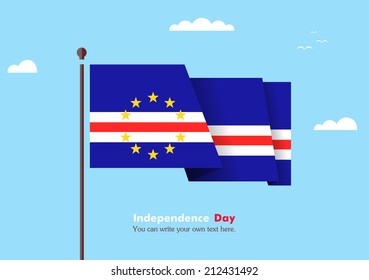 Banner fluttering in the wind on a background of clouds. Flat design. Standard on the flagpole. Blue sky. Independence Day. Stock vector. Icon. Image. Illustration. Picture.  Flag of Cape Verde