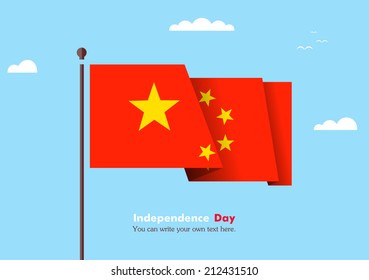 Banner fluttering in the wind on a background of clouds. Flat design. Standard on the flagpole. Blue sky. Independence Day. Stock vector. Icon. Image. Illustration. Picture. Flag of China