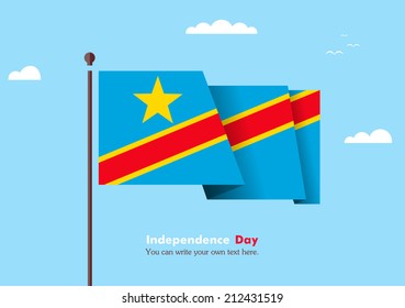 Banner fluttering in the wind on a background of clouds. Flat design. Standard on the flagpole. Blue sky. Independence Day. vector. Icon. Image. Illustration. Flag of Democratic Republic of Congo