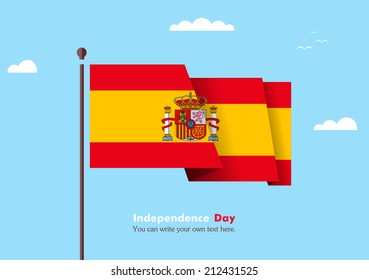Banner fluttering in the wind on a background of clouds. Flat design. Standard on the flagpole. Blue sky. Independence Day. Stock vector. Icon. Image. Illustration. Picture. Flag of Spain