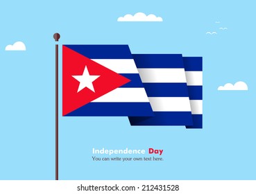 Banner fluttering in the wind on a background of clouds. Flat design. Standard on the flagpole. Blue sky. Independence Day. Stock vector. Icon. Image. Illustration. Picture. Flag of Cuba