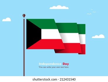 Banner fluttering in the wind on a background of clouds. Flat design. Standard on the flagpole. Blue sky. Independence Day. Stock vector. Icon. Image. Illustration. Picture. Flag of Kuwait