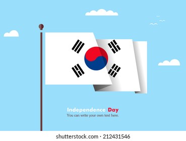 Banner fluttering in the wind on a background of clouds. Flat design. Standard on the flagpole. Blue sky. Independence Day. vector. Icon. Image. Illustration. Picture. Flag of the Republic of Korea