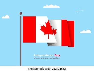 Banner fluttering in the wind on a background of clouds. Flat design. Standard on the flagpole. Blue sky. Independence Day. Stock vector. Icon. Image. Illustration. Picture. Flag of Canada