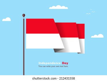 Banner fluttering in the wind on a background of clouds. Flat design. Standard on the flagpole. Blue sky. Independence Day. Stock vector. Icon. Image. Illustration. Picture. Flag of Indonesia