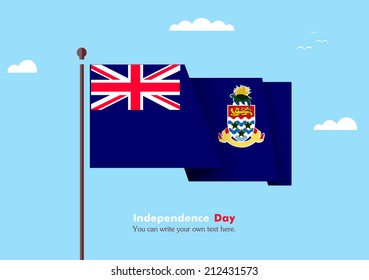 Banner fluttering in the wind on a background of clouds. Flat design. Standard on the flagpole. Blue sky. Independence Day. Stock vector. Icon. Image. Illustration. Picture. Flag of the Cayman Islands