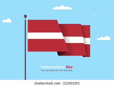 Banner fluttering in the wind on a background of clouds. Flat design. Standard on the flagpole. Blue sky. Independence Day. Stock vector. Icon. Image. Illustration. Picture. Latvian flag