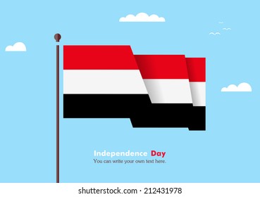 Banner fluttering in the wind on a background of clouds. Flat design. Standard on the flagpole. Blue sky. Independence Day. Stock vector. Icon. Image. Illustration. Picture.  Flag of Yemen