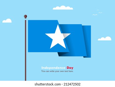 Banner fluttering in the wind on a background of clouds. Flat design. Standard on the flagpole. Blue sky. Independence Day. Stock vector. Icon. Image. Illustration. Picture. Flag of Somalia