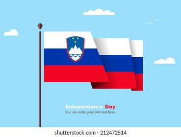 Banner fluttering in the wind on a background of clouds. Flat design. Standard on the flagpole. Blue sky. Independence Day. Stock vector. Icon. Image. Illustration. Picture. Flag of Slovenia