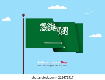 Banner fluttering in the wind on a background of clouds. Flat design. Standard on the flagpole. Blue sky. Independence Day. Stock vector. Icon. Image. Illustration. Picture. Flag of Saudi Arabia