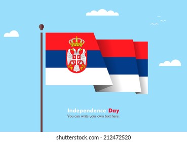 Banner fluttering in the wind on a background of clouds. Flat design. Standard on the flagpole. Blue sky. Independence Day. Stock vector. Icon. Image. Illustration. Picture. Flag of Serbia