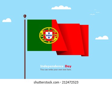 Banner fluttering in the wind on a background of clouds. Flat design. Standard on the flagpole. Blue sky. Independence Day. Stock vector. Icon. Image. Illustration. Picture.  Flag of Portugal 