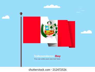 Banner fluttering in the wind on a background of clouds. Flat design. Standard on the flagpole. Blue sky. Independence Day. Stock vector. Icon. Image. Illustration. Picture. Flag of Peru