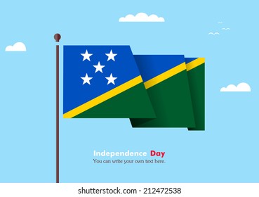 Banner fluttering in the wind on a background of clouds. Flat design. Standard on the flagpole. Blue sky. Independence Day. Stock vector. Icon. Image. Illustration. Picture. Flag of Solomon Islands