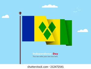 Banner fluttering in the wind on a background of clouds. Flat design. Standard on the flagpole. Blue sky. Independence Day. Stock vector. Icon. Illustration. Flag of Saint Vincent and the Grenadines