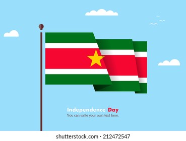 Banner fluttering in the wind on a background of clouds. Flat design. Standard on the flagpole. Blue sky. Independence Day. Stock vector. Icon. Image. Illustration. Picture. Flag of Suriname