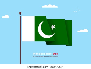 Banner fluttering in the wind on a background of clouds. Flat design. Standard on the flagpole. Blue sky. Independence Day. Stock vector. Icon. Image. Illustration. Picture. Flag of Pakistan