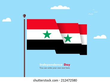 Banner fluttering in the wind on a background of clouds. Flat design. Standard on the flagpole. Blue sky. Independence Day. Stock vector. Icon. Image. Illustration. Picture.  Flag of Syria