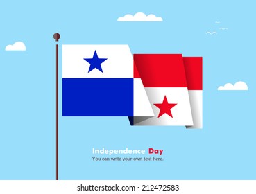 Banner fluttering in the wind on a background of clouds. Flat design. Standard on the flagpole. Blue sky. Independence Day. Stock vector. Icon. Image. Illustration. Picture.  Panamanian flag