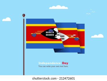 Banner fluttering in the wind on a background of clouds. Flat design. Standard on the flagpole. Blue sky. Independence Day. Stock vector. Icon. Image. Illustration. Picture. Flag of Swaziland