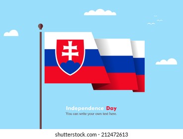 Banner fluttering in the wind on a background of clouds. Flat design. Standard on the flagpole. Blue sky. Independence Day. Stock vector. Icon. Image. Illustration. Picture.  Slovak flag
