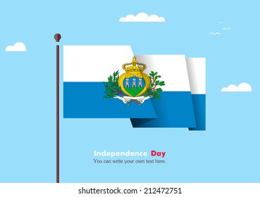 Banner fluttering in the wind on a background of clouds. Flat design. Standard on the flagpole. Blue sky. Independence Day. Stock vector. Icon. Image. Illustration. Picture. Flag of San Marino