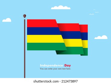 Banner fluttering in the wind on a background of clouds. Flat design. Standard on the flagpole. Blue sky. Independence Day. Stock vector. Icon. Image. Illustration. Picture. Flag of Mauritius