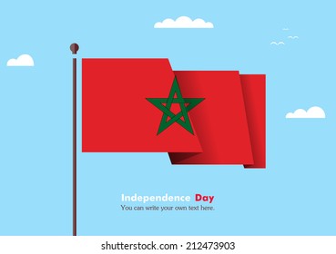 Banner fluttering in the wind on a background of clouds. Flat design. Standard on the flagpole. Blue sky. Independence Day. Stock vector. Icon. Image. Illustration. Picture.  Flag of Morocco