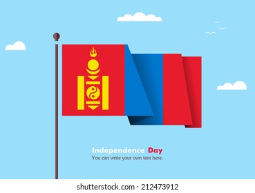 Banner fluttering in the wind on a background of clouds. Flat design. Standard on the flagpole. Blue sky. Independence Day. Stock vector. Icon. Image. Illustration. Picture.  Flag of Mongolia