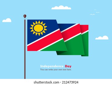 Banner fluttering in the wind on a background of clouds. Flat design. Standard on the flagpole. Blue sky. Independence Day. Stock vector. Icon. Image. Illustration. Picture. Flag of Namibia