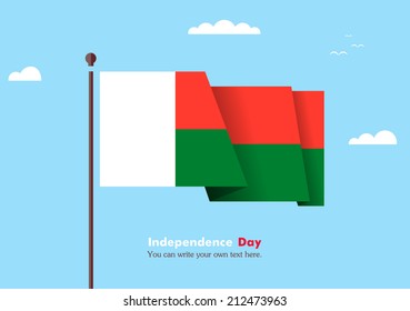 Banner fluttering in the wind on a background of clouds. Flat design. Standard on the flagpole. Blue sky. Independence Day. Stock vector. Icon. Image. Illustration. Picture. Madagascar flag