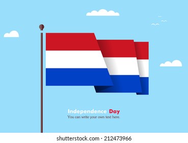 Banner fluttering in the wind on a background of clouds. Flat design. Standard on the flagpole. Blue sky. Independence Day. Stock vector. Icon. Image. Illustration. Picture. Flag of the Netherlands
