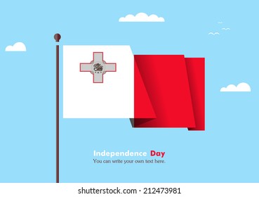 Banner fluttering in the wind on a background of clouds. Flat design. Standard on the flagpole. Blue sky. Independence Day. Stock vector. Icon. Image. Illustration. Picture.  Flag of Malta