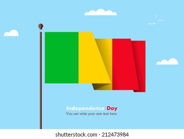 Banner fluttering in the wind on a background of clouds. Flat design. Standard on the flagpole. Blue sky. Independence Day. Stock vector. Icon. Image. Illustration. Picture. Flag of Mali