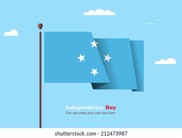 Banner fluttering in the wind on a background of clouds. Flat design. Standard on the flagpole. Blue sky. Independence Day. Stock vector. Icon. Image. Illustration. Picture. Flag of Micronesia