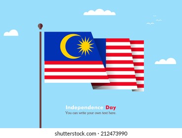 Banner fluttering in the wind on a background of clouds. Flat design. Standard on the flagpole. Blue sky. Independence Day. Stock vector. Icon. Image. Illustration. Picture. Flag of Malaysia