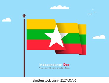 Banner fluttering in the wind on a background of clouds. Flat design. Standard on the flagpole. Blue sky. Independence Day. Stock vector. Icon. Image. Illustration. Picture.  Flag of Myanmar