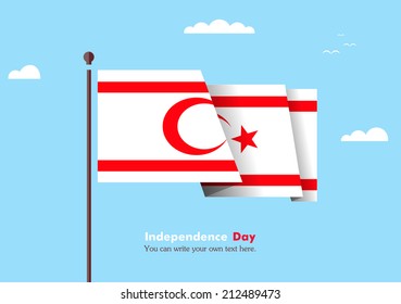 Banner fluttering in the wind on a background of clouds. Flat design. Standard on the flagpole. Blue sky. Independence Day. Stock vector. Icon. Image. Illustration. Picture. Flag of Northern Cyprus