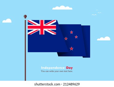 Banner fluttering in the wind on a background of clouds. Flat design. Standard on the flagpole. Blue sky. Independence Day. Stock vector. Icon. Image. Illustration. Picture.  New Zealand flag
