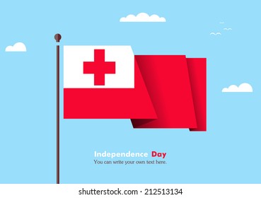 Banner fluttering in the wind on a background of clouds. Flat design. Standard on the flagpole. Blue sky. Independence Day. Stock vector. Icon. Image. Illustration. Picture.  Flag of Tonga