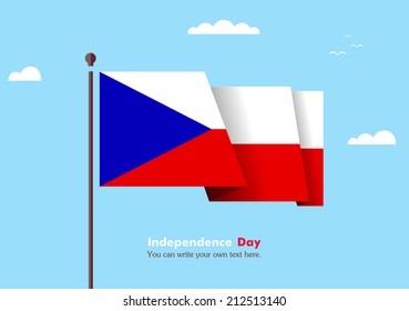Banner fluttering in the wind on a background of clouds. Flat design. Standard on the flagpole. Blue sky. Independence Day. Stock vector. Icon. Image. Illustration. Picture. Flag of the Czech Republic