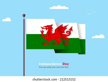 Banner fluttering in the wind on a background of clouds. Flat design. Standard on the flagpole. Blue sky. Independence Day. Stock vector. Icon. Image. Illustration. Picture. Flag of Wales