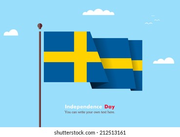 Banner fluttering in the wind on a background of clouds. Flat design. Standard on the flagpole. Blue sky. Independence Day. Stock vector. Icon. Image. Illustration. Picture. Sweden flag