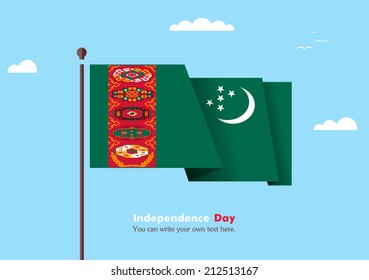 Banner fluttering in the wind on a background of clouds. Flat design. Standard on the flagpole. Blue sky. Independence Day. Stock vector. Icon. Image. Illustration. Picture.  Flag of Turkmenistan