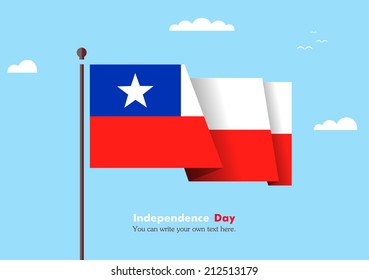 Banner fluttering in the wind on a background of clouds. Flat design. Standard on the flagpole. Blue sky. Independence Day. Stock vector. Icon. Image. Illustration. Picture.  Flag of Chile