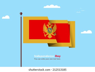 Banner fluttering in the wind on a background of clouds. Flat design. Standard on the flagpole. Blue sky. Independence Day. Stock vector. Icon. Image. Illustration. Picture. Flag of Montenegro