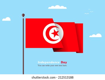 Banner fluttering in the wind on a background of clouds. Flat design. Standard on the flagpole. Blue sky. Independence Day. Stock vector. Icon. Image. Illustration. Picture.  Flag of Tunisia